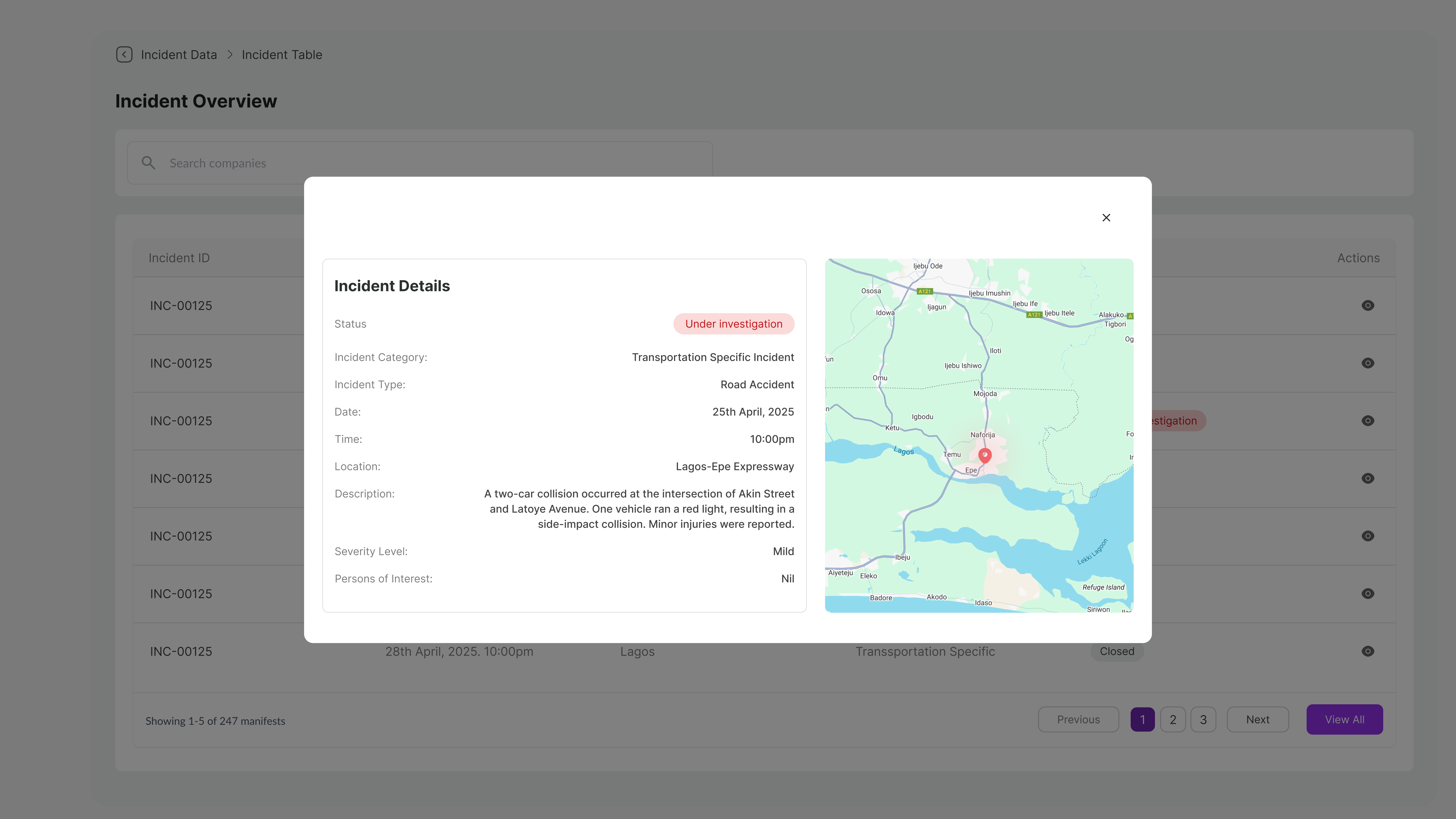 ECCRS incident table screen
